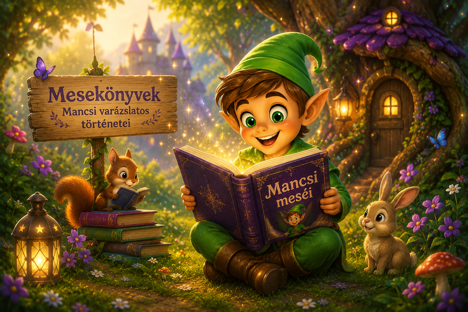 Mancsi egy varázslatos mesekönyvet olvas az erdőben